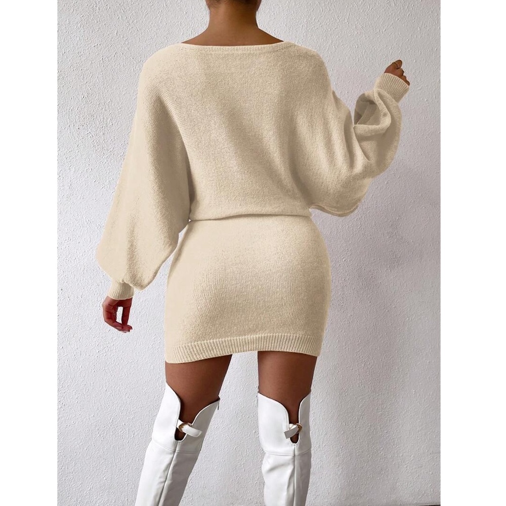 Dirty Beige Knit Long Batwing Sleeve Dress Abstract Print - Picture 4 of 7